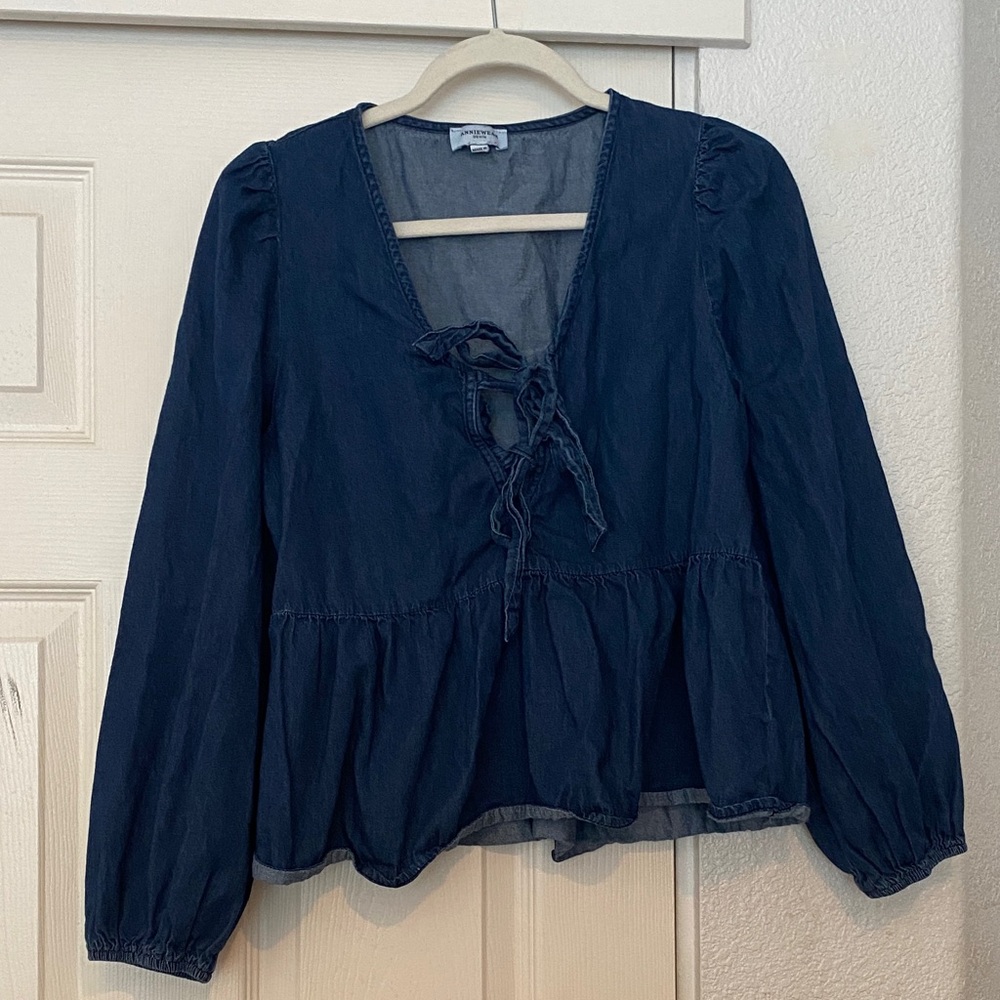 Navy Tie-Front Peasant Blouse